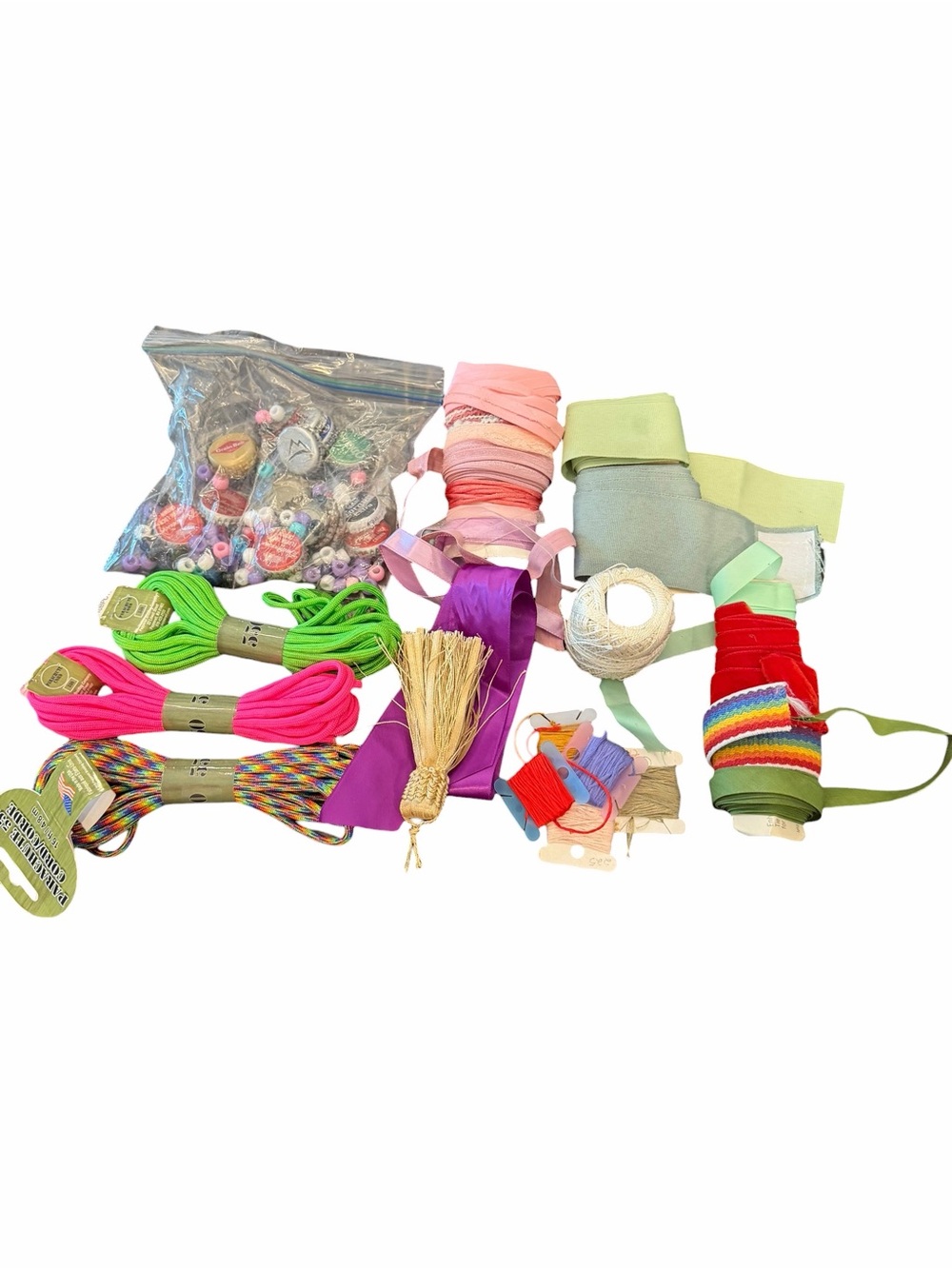 Rainbow Lot Of Fiber Art Project Craft Supplies Ribbons Cords Beads Bottle Caps